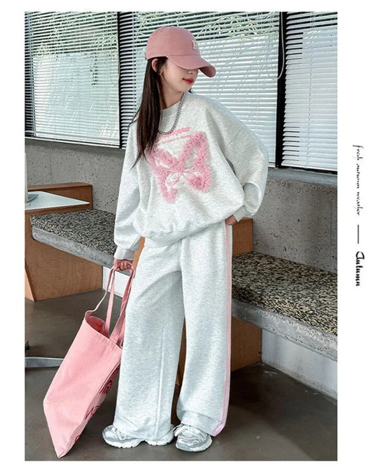 New Girls Tracksuit Sets Autumn Spring Kids Lace Butterfly Sweatshirt+Pants 2Pcs Teen Loose Sports Suits Children Casual Outfits