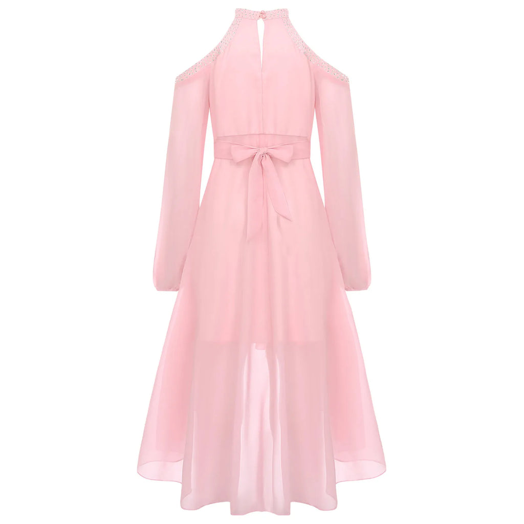 Kids Girls Elegant Party Dress Halter Off-shoulder High Waist Ruffled Chiffon Dresses Wedding Birthday Pageant Evening Prom Gown