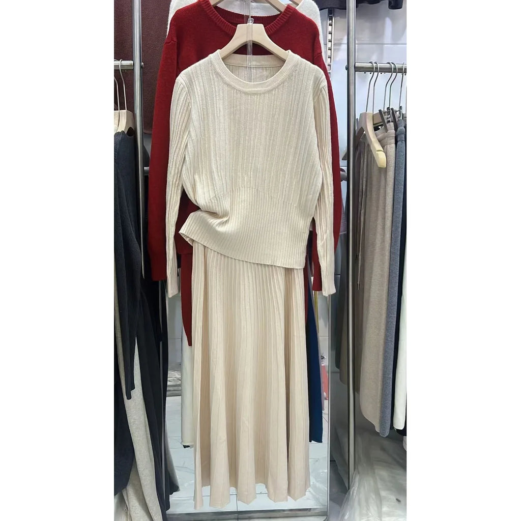 Korean Style High Waist Knitted round Neck Striped Top And Skirt Two Piece Set Women's Fashion Autumn Winter Collection
