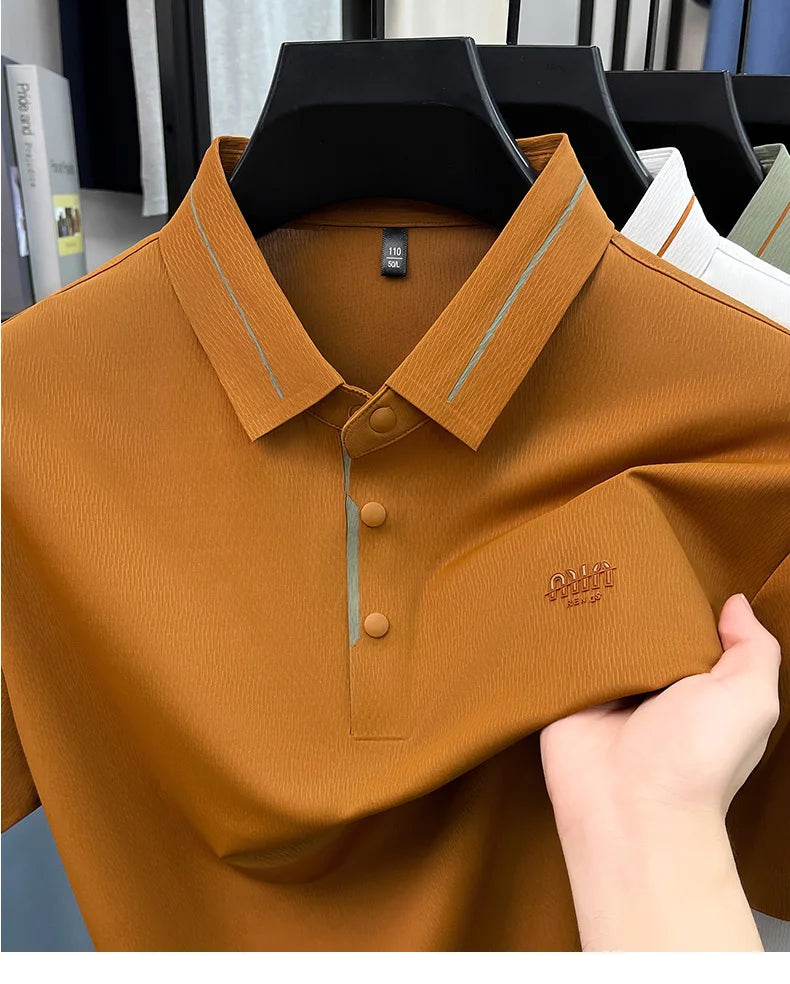 Luxury brand ice silk short sleeve polo shirt men's summer fashion letter embossed comfort breathable leisure high-end T-shirt
