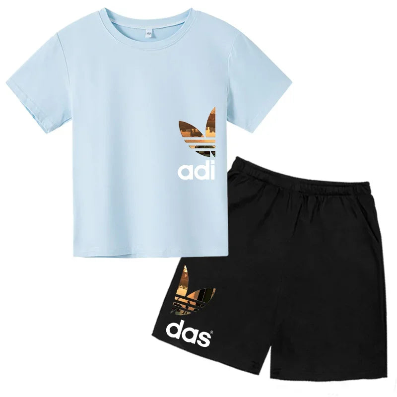 Summer 3-13Y Kids Fashion Creative Sports Outdoor Print Short Sleeve T-Shirt & Shorts Set - Stylish Children's 2-Piece Activewea