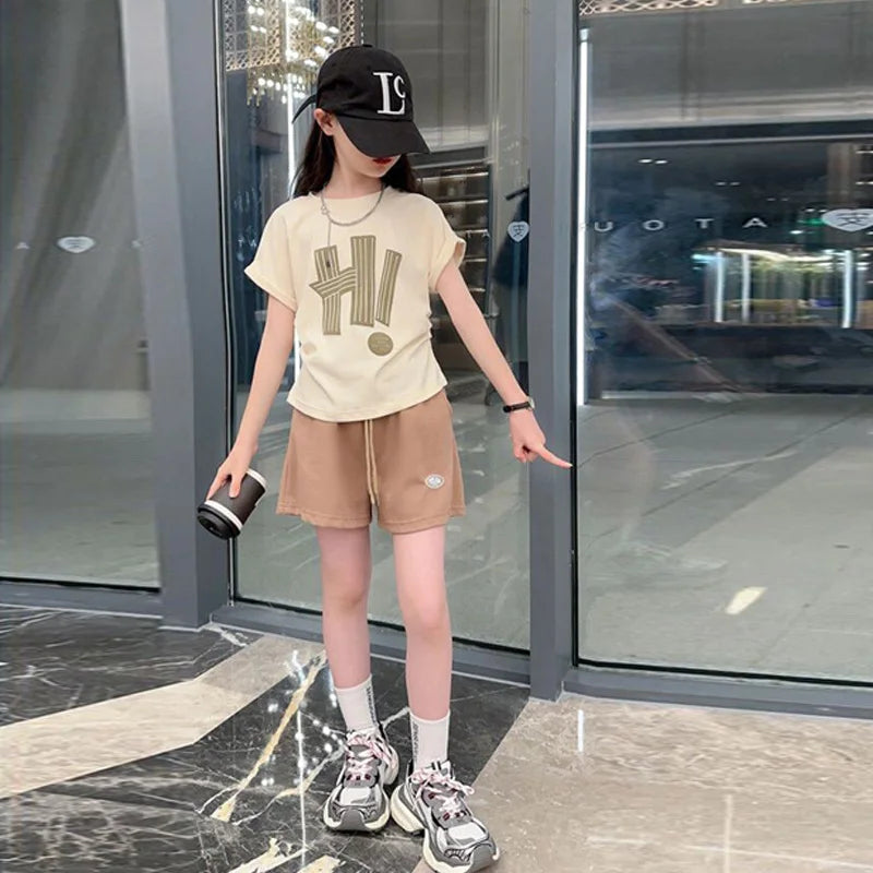 New Girls Summer Sets Children Casual Printed T-Shirt Suit Kids Short-Sleeve Top+Shorts Pcs Outfits Teenager Fashion Clothes