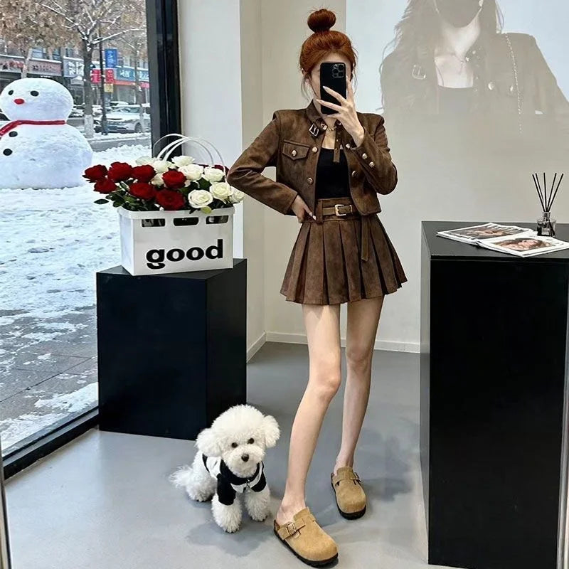 Fashionable Short Outerwear And Half-length Pleated Skirt Set Women's Spring 2026 Stylish Slimming Ensemble Casual Style