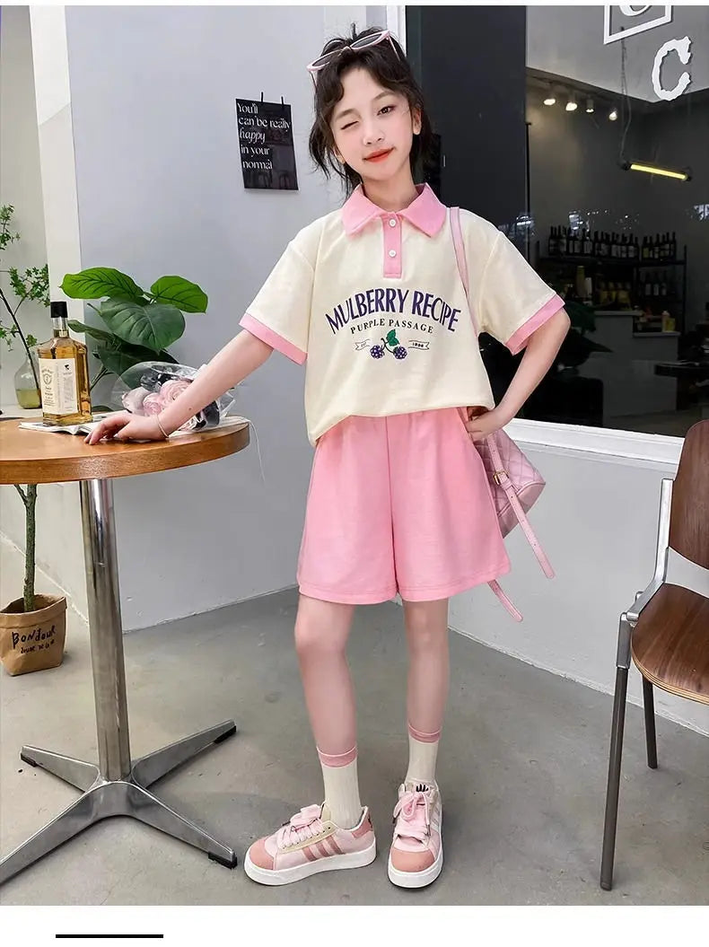 Summer Teenage Girls Clothes Set Children O-Neck Tshirt and Pleats Skirts Suit Student School Short Sleeve Tee Bottom Outfits