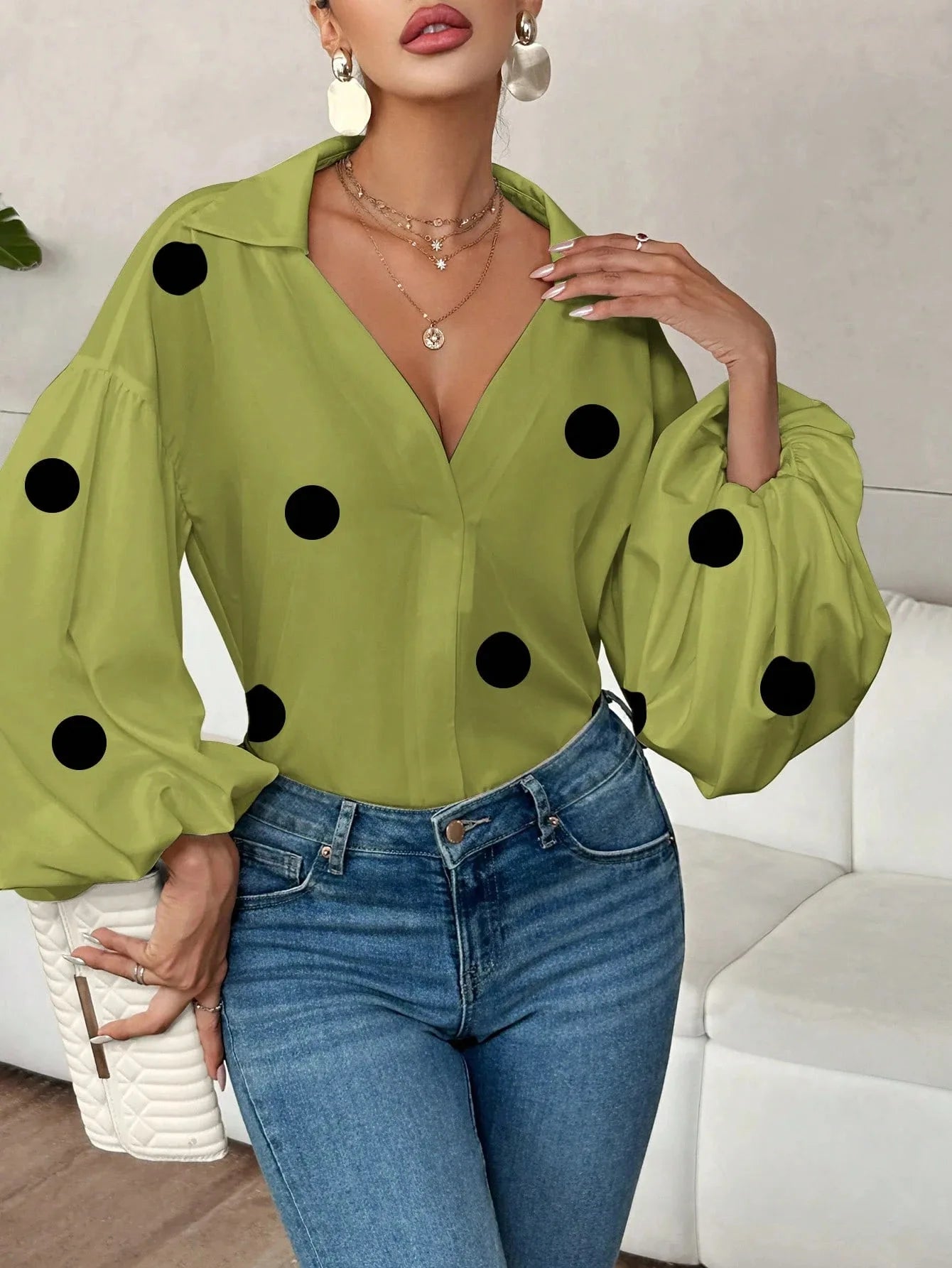 Boho Women's Blouses Spring Fall New Fashion French Polka Dot Half-neck Design Loose Puff Long-sleeve Top Casual Shirts Women