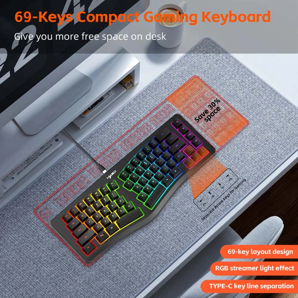 69 Keys Gaming Keyboard Creative Wave Shape Ergonimic Keyboard Office Relax Hand Wrist RGB Colorful Light Type C Wired Keyboard