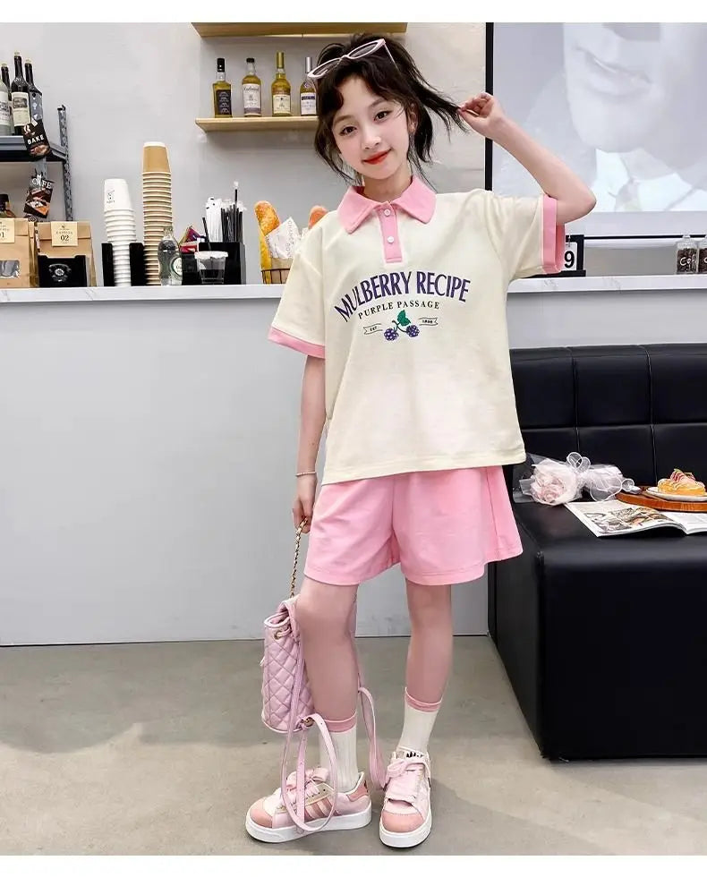 Summer Teenage Girls Clothes Set Children O-Neck Tshirt and Pleats Skirts Suit Student School Short Sleeve Tee Bottom Outfits