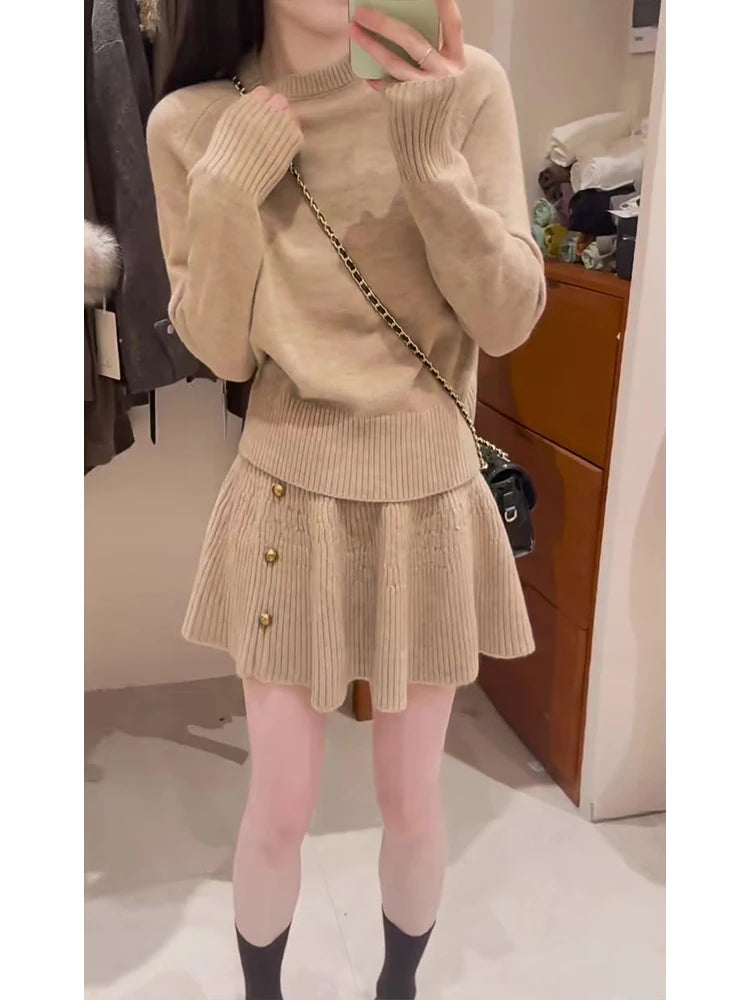 Women's Loose Knitted Sweater High Waist A-Line  Skirt Set round Neck Long Sleeve Fashionable Autumn Winter Ensemble