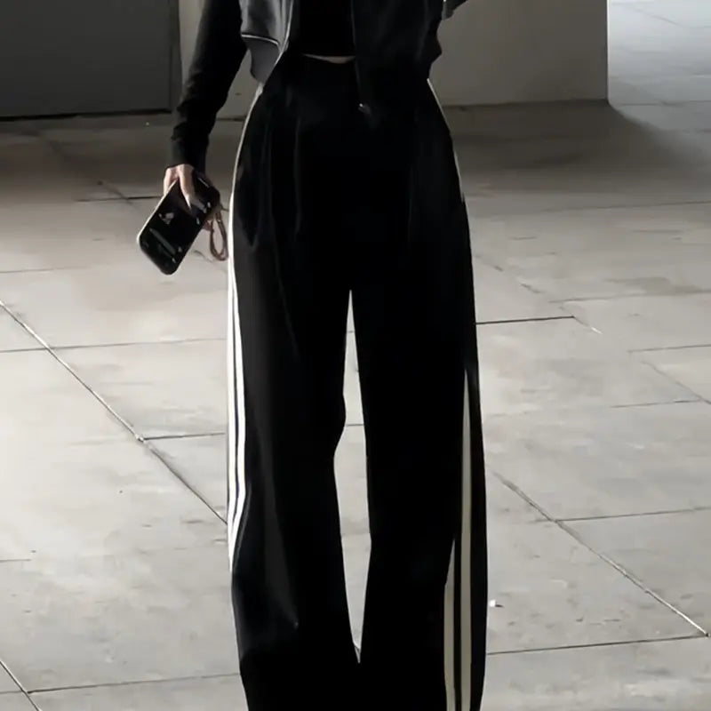 Autumn Winter Thickened Plush Patchwork Zipper Short Vest Women's High Waist Casual Wide Leg Pants Set Fashionable Cool