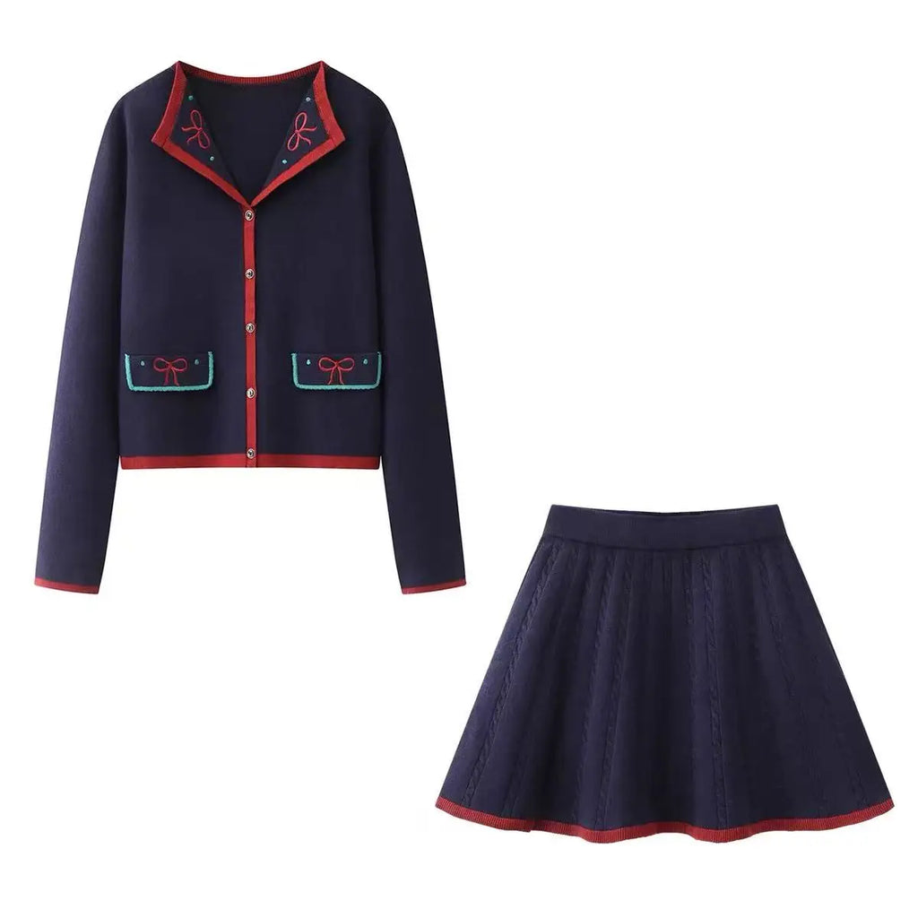 Spring 2026 Women's Knitted A-Line  Skirt And Open Cardigan Set with Bow Tie High Waist Fashion Ensemble Wide Series