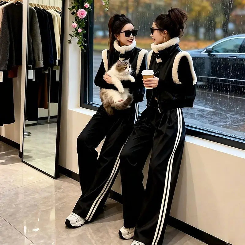Autumn Winter Thickened Plush Patchwork Zipper Short Vest Women's High Waist Casual Wide Leg Pants Set Fashionable Cool