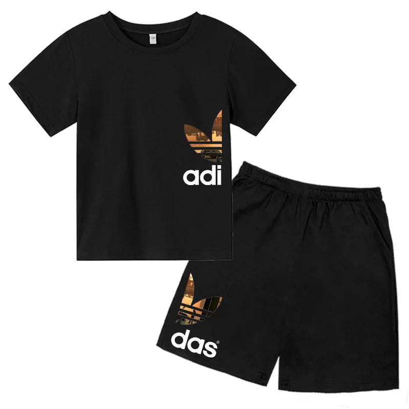 Summer 3-13Y Kids Fashion Creative Sports Outdoor Print Short Sleeve T-Shirt & Shorts Set - Stylish Children's 2-Piece Activewea