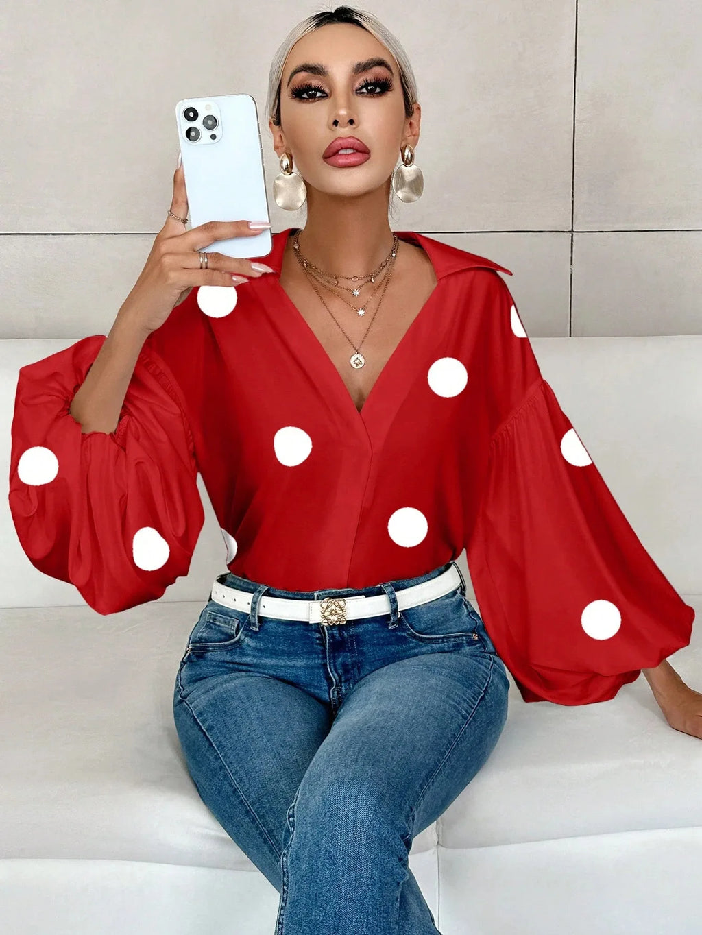 Boho Women's Blouses Spring Fall New Fashion French Polka Dot Half-neck Design Loose Puff Long-sleeve Top Casual Shirts Women