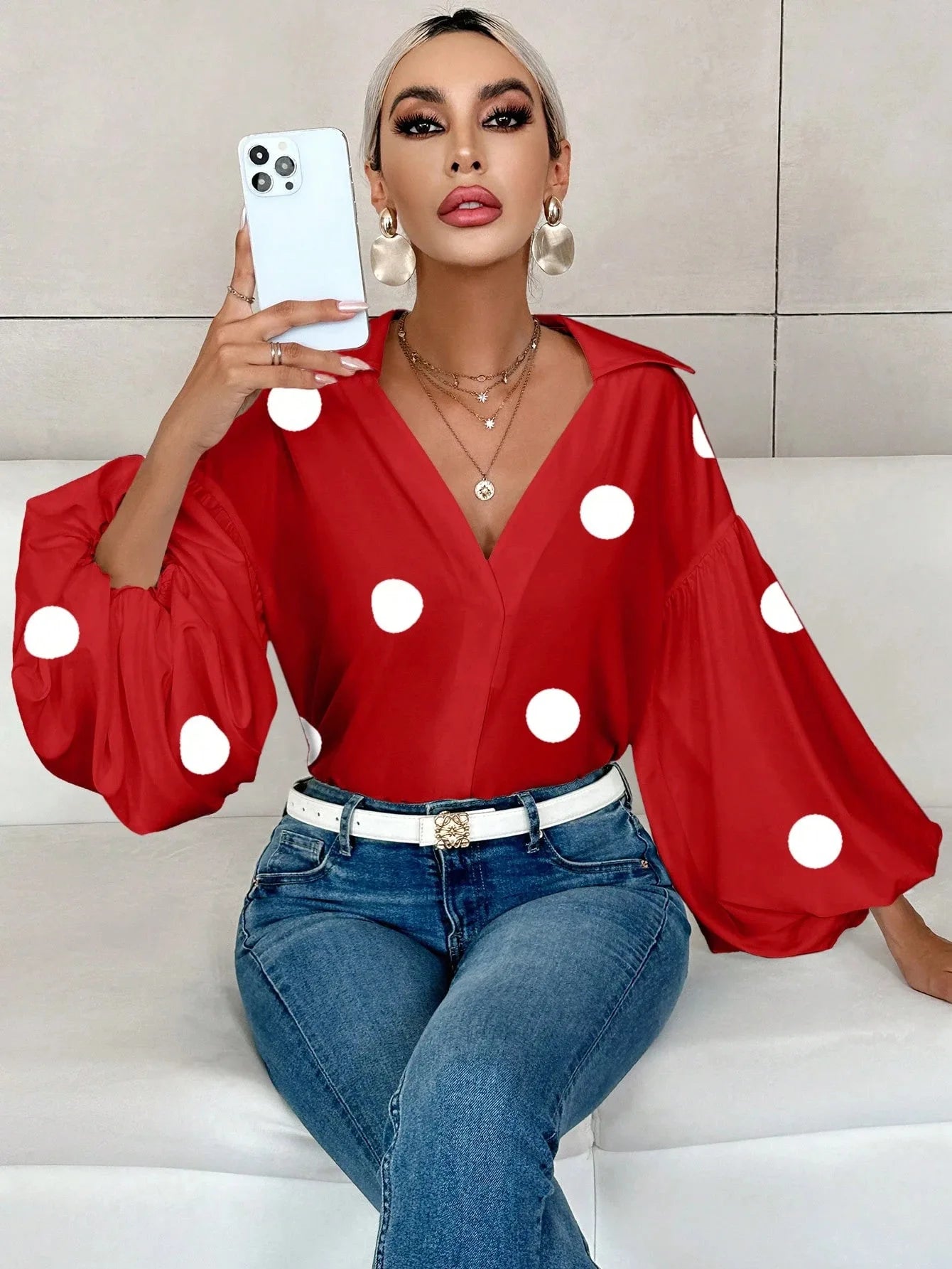 Boho Women's Blouses Spring Fall New Fashion French Polka Dot Half-neck Design Loose Puff Long-sleeve Top Casual Shirts Women