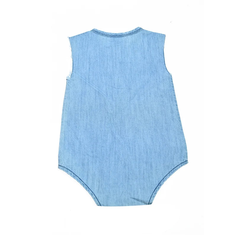 Summer kids clothes denim blue boy and girl dress t-shirt top set baby romper skirt colorful embroidery stripes children outfit