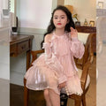 2025 Summer New Girls Dress Pink Off Shoulder Long Sleeve Halterneck Princess Dress For 2-10 Years Teen Girls Grace Fashion Dres