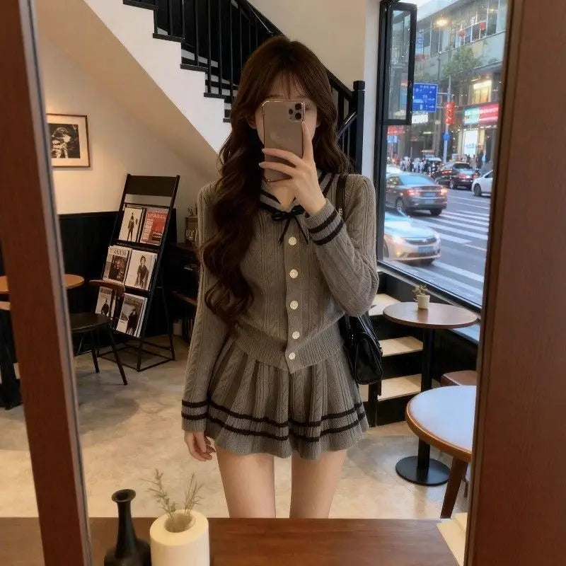 Women's Knitted High Waist Long Sve Set ay Lazy Sle Top And  Skirt Two Piece Suit Autumn Faion Casual Outfit