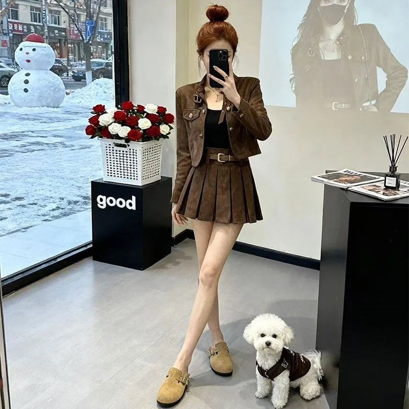 Fashionable Short Outerwear And Half-length Pleated Skirt Set Women's Spring 2026 Stylish Slimming Ensemble Casual Style