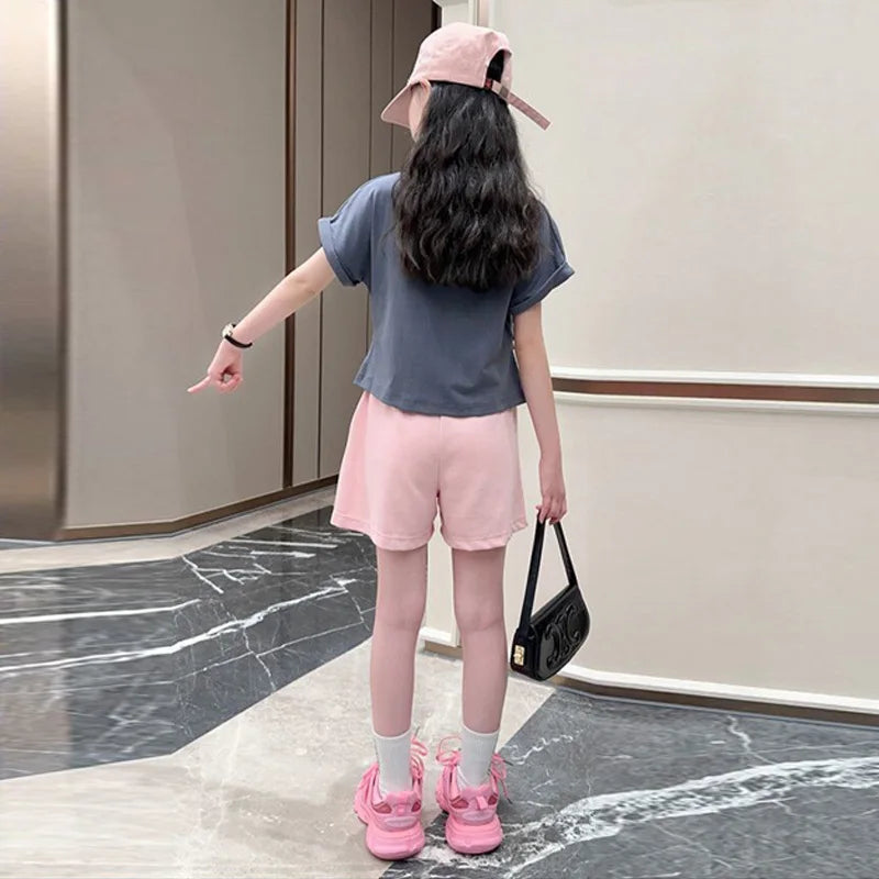 New Girls Summer Sets Children Casual Printed T-Shirt Suit Kids Short-Sleeve Top+Shorts Pcs Outfits Teenager Fashion Clothes
