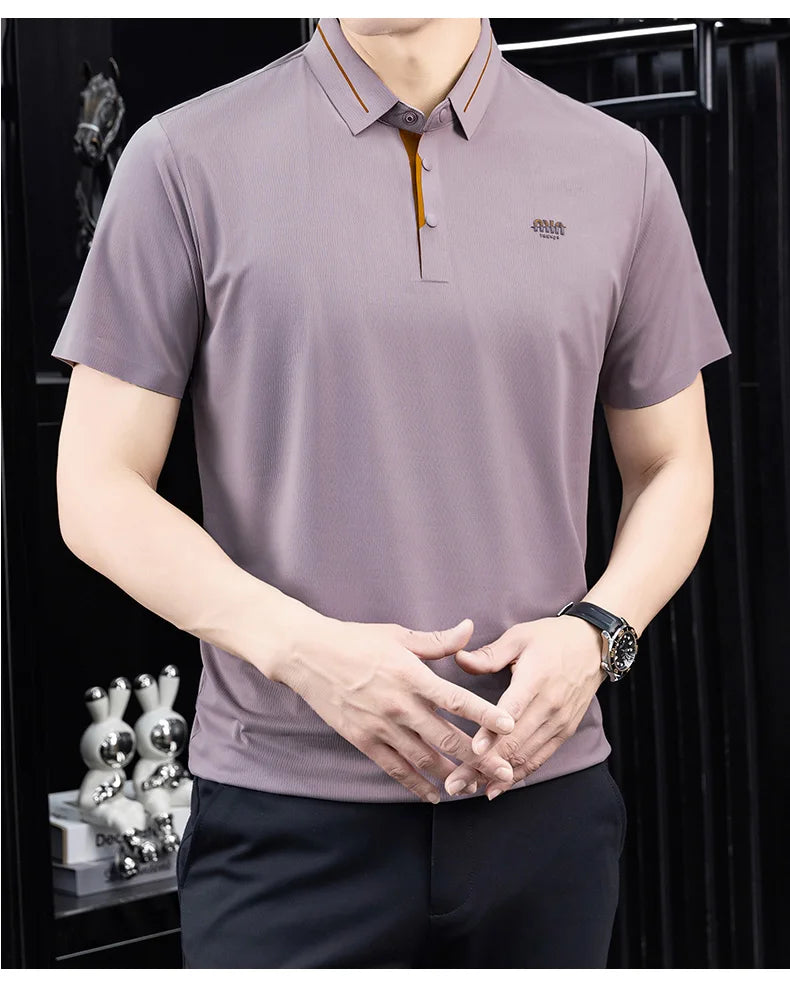 Luxury brand ice silk short sleeve polo shirt men's summer fashion letter embossed comfort breathable leisure high-end T-shirt