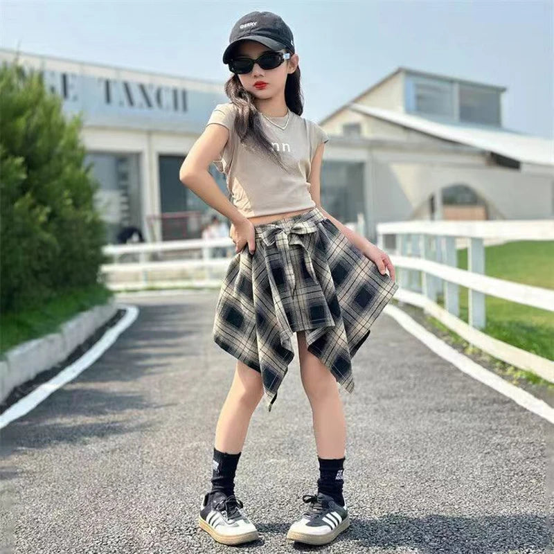 Summer Girls Clothing Set Solid Color Letter Print T-shirt+Plaid Irregular Skirt 2Pcs For 5-14 Years Teen Kids Fashion Outfit