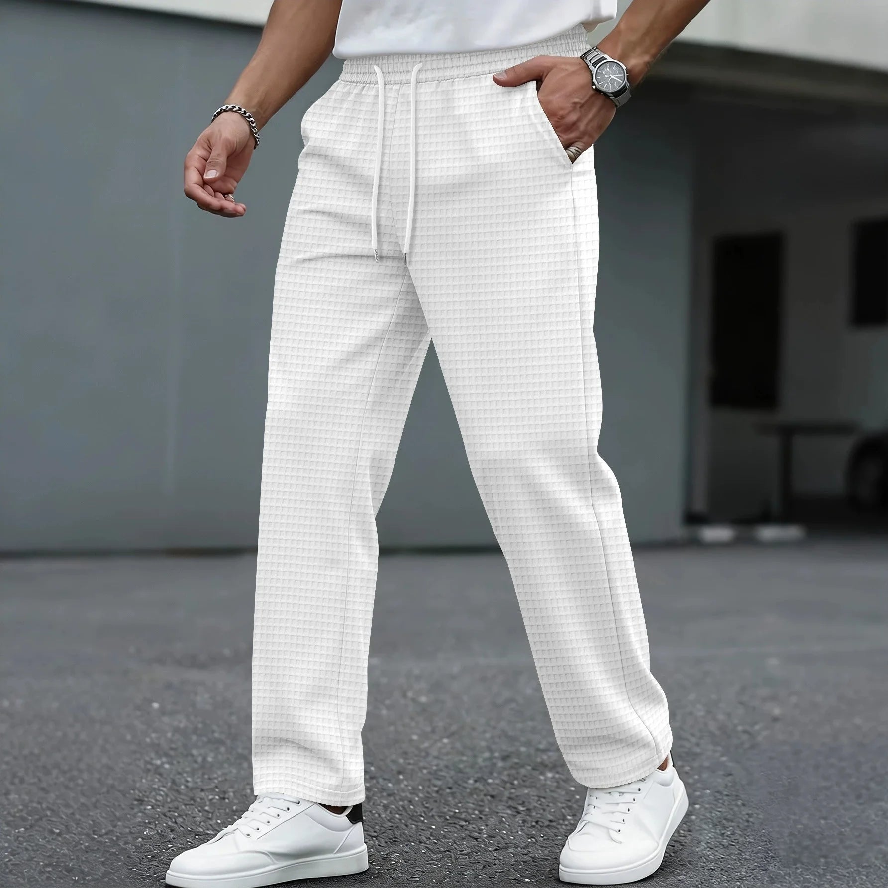 Men's new wide-checkered drawstring casual pants - lightweight, breathable, solid color, comfortable straight-leg trousers