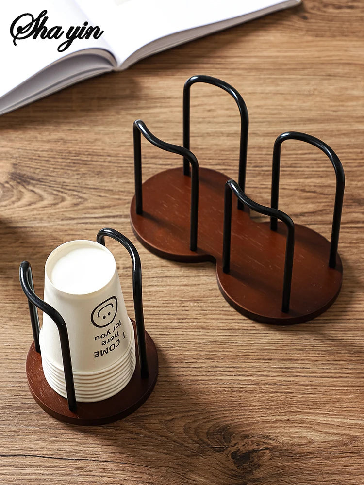 Wooden Disposable Cup Dispenser with Long Stick Tea Water Cup Storage Holder Rack Shelf Mug Display Stand Organizer for Home