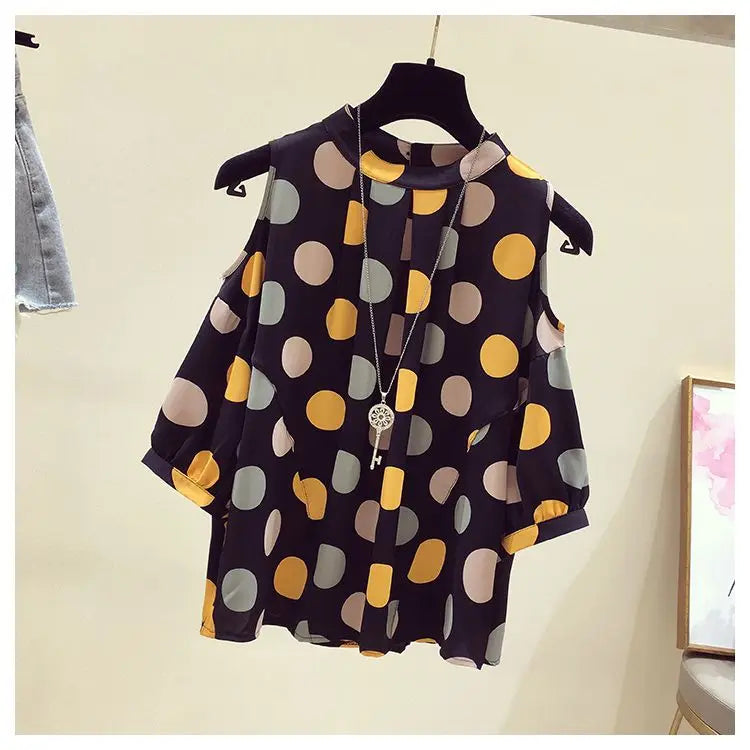 Oversize Summer Polka Dot Printed Chiffon Blouses Women Round Neck Patchwork Short Sleeve Shirt Off Shoulder Tops Female Clothes