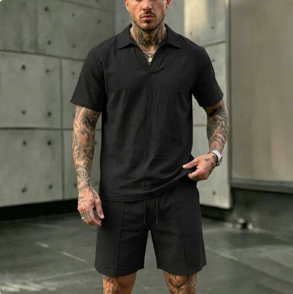 2 Pcs Sets Men's Summer Linen Polo and Shorts Simple Casual Beach Clothing Set Shirts Comfortable Hawaii Wear