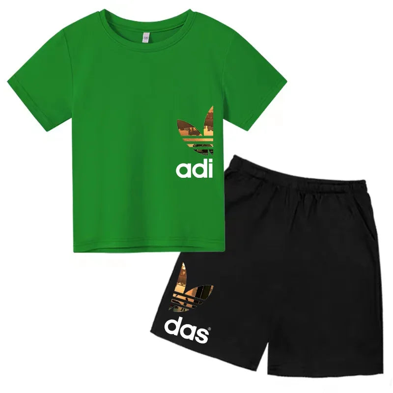 Summer 3-13Y Kids Fashion Creative Sports Outdoor Print Short Sleeve T-Shirt & Shorts Set - Stylish Children's 2-Piece Activewea