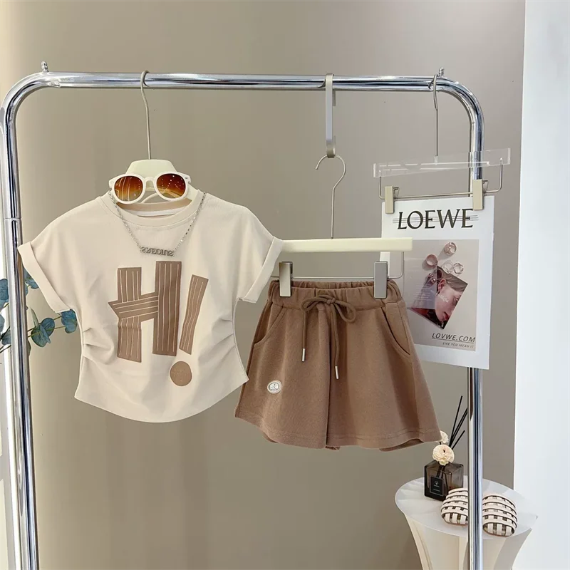 New Girls Summer Sets Children Casual Printed T-Shirt Suit Kids Short-Sleeve Top+Shorts Pcs Outfits Teenager Fashion Clothes