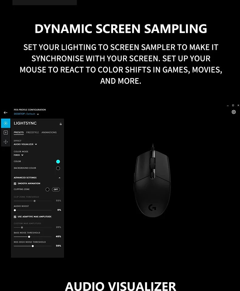 The G102/G203 with LIGHTSYNC lighting effect, featuring a resolution of 8000 DPI, offers smooth and responsive gaming experience