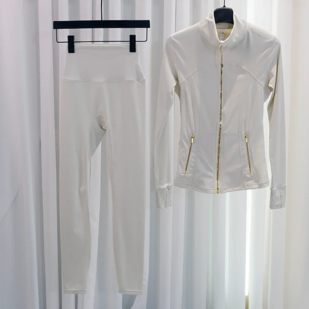 Set with a high-end feel, stand-up collar, slim-fit jacket for women, slimming nine-point yoga pants, casual two-piece set