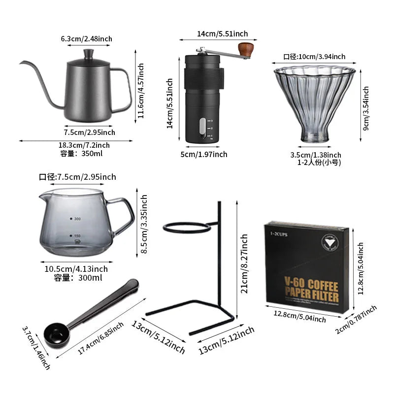 American hand drawn glass coffee pot, smoke gray sharing pot V60 filter cup, coffee hand drawn filter cup holder set