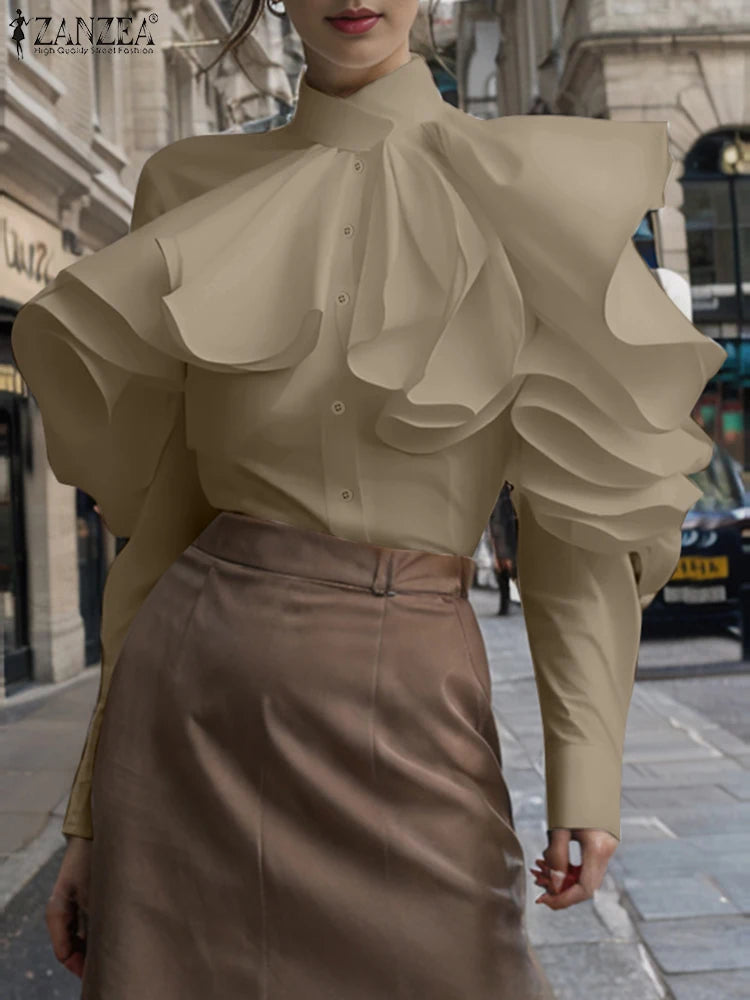 ZANZEA Vintage Solid Office Blouse Women Ruffled Stitching Street Shirts Spring 3D Long Sleeve Tops Casual Loose Buttons Tunics