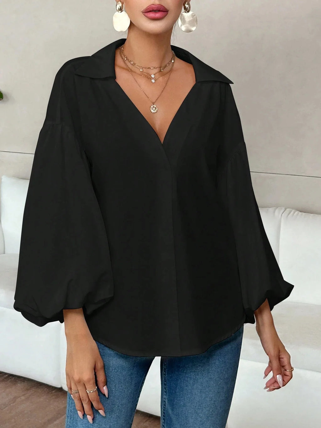 Boho Women's Blouses Spring Fall New Fashion French Polka Dot Half-neck Design Loose Puff Long-sleeve Top Casual Shirts Women