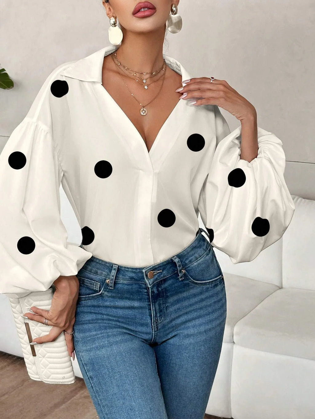 Boho Women's Blouses Spring Fall New Fashion French Polka Dot Half-neck Design Loose Puff Long-sleeve Top Casual Shirts Women