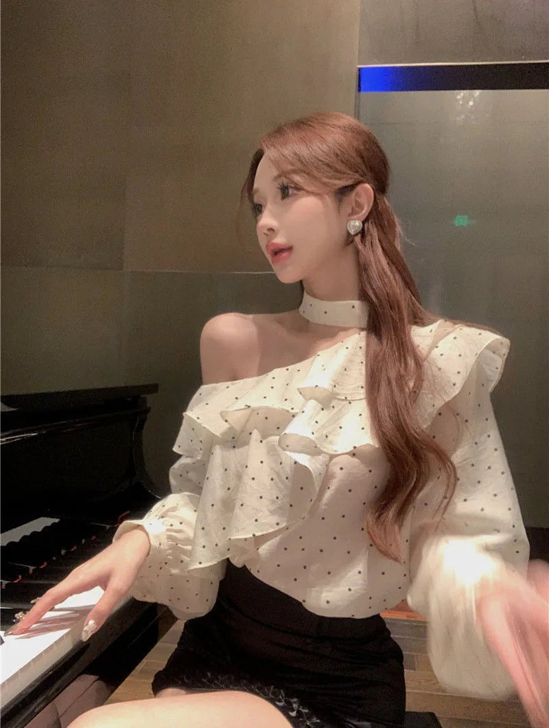 French Style Halter Neck Polka Dot Chiffon Shirts Woman Elegant Off Shoulder Ruffle Blouses Ladies Korean All-Match Trend Blusas