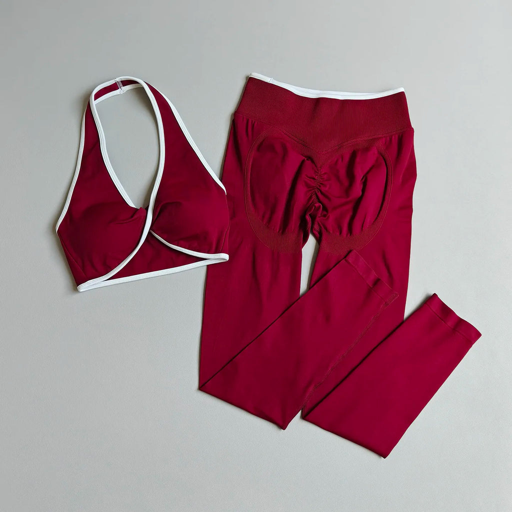 Seamless Yoga Suit Set with Peach Butt Halter Neck Push-Up Sports Bra High Waist Leggings Hip Lifting Control Fitness Outfit
