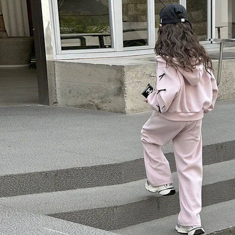 2026 casual spring winter girl cloth bow loose striped heart sweatshirt + wide leg pant teens children set 4 8 10 12 14 15 year