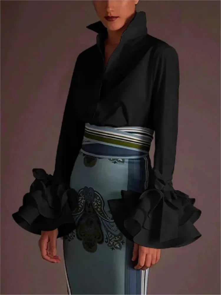 shirts & blouses Women Elegant Flared Sleeves Falbala Blouses Tops Spring Autumn  Casual Solid Office Lapel Buttons Shirts Tops