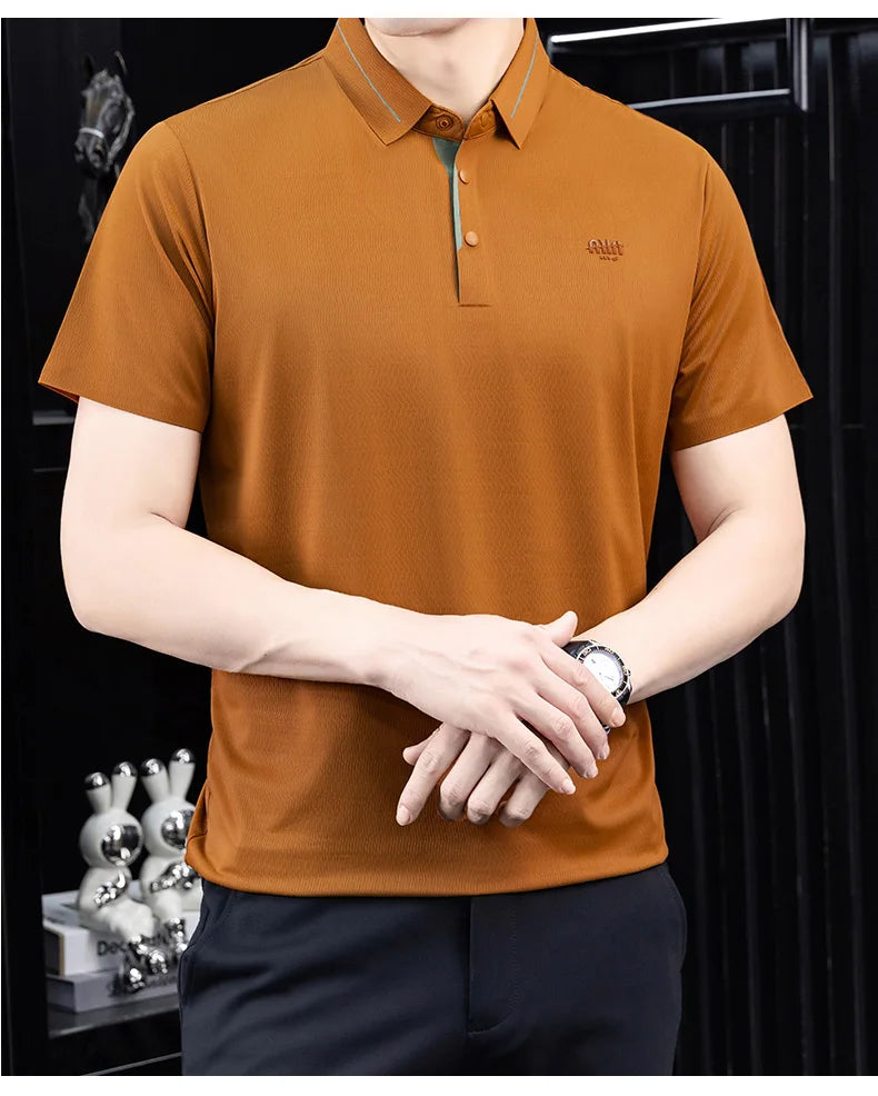 Luxury brand ice silk short sleeve polo shirt men's summer fashion letter embossed comfort breathable leisure high-end T-shirt