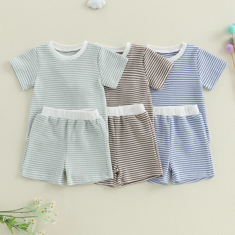 2024-12-30 Lioraitiin Toddler Baby Boys Summer Outfit Waffle Striped Short Sleeve T-shirt Elastic Waist Shorts Set