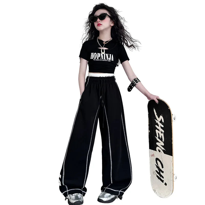 Summer teen girl Hip Hop Jazz Street Dance Costume Suit Cool Print Hollow Short T-shirt+Casual Sports Pants Set Child Outfits