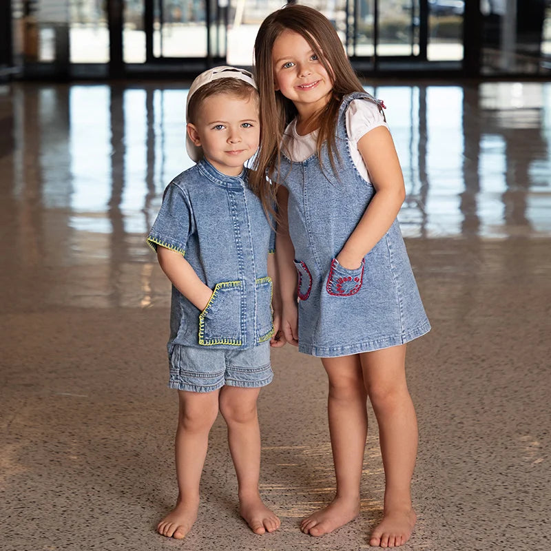 6m-12t 2024 New Summer Spring Denim Famliy Clothing Set Girls Suspender Dress Skirt Baby Sleeveless Romper Overall Boys Shirt