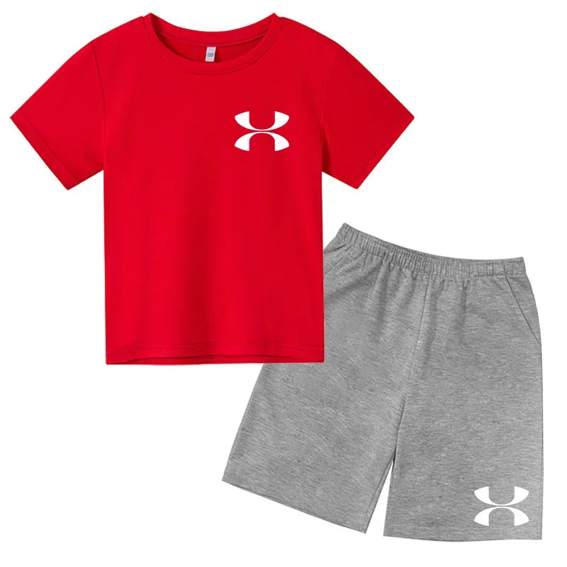 Kids Brand T-shirt Summer Clothes Letters Round Neck Fashion Short-sleeved+Shorts Two-piece Set Boy Girl 3-12Y Casual Sports Set