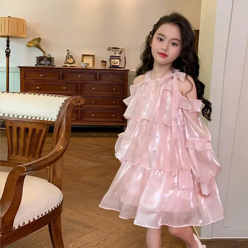 2025 Summer New Girls Dress Pink Off Shoulder Long Sleeve Halterneck Princess Dress For 2-10 Years Teen Girls Grace Fashion Dres