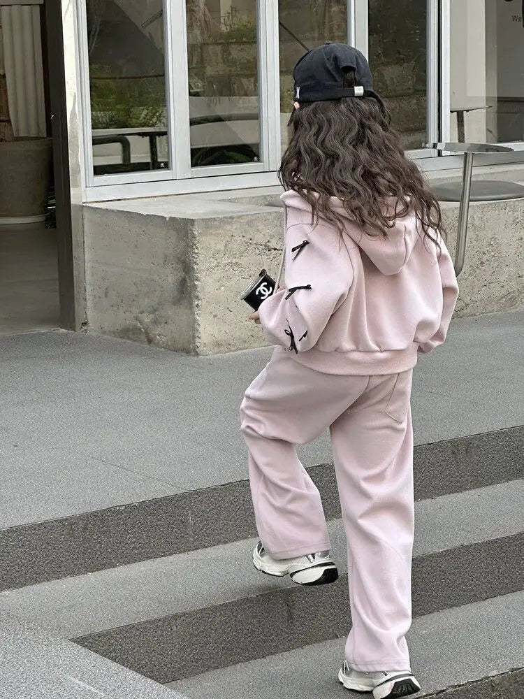 2026 casual spring winter girl cloth bow loose striped heart sweatshirt + wide leg pant teens children set 4 8 10 12 14 15 year