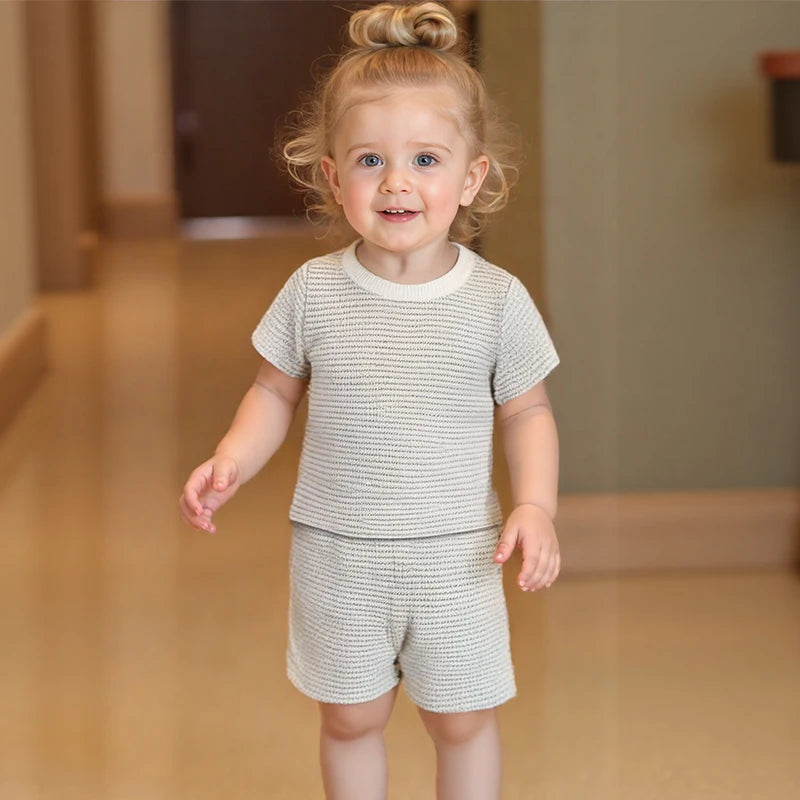 2024-12-30 Lioraitiin Toddler Baby Boys Summer Outfit Waffle Striped Short Sleeve T-shirt Elastic Waist Shorts Set