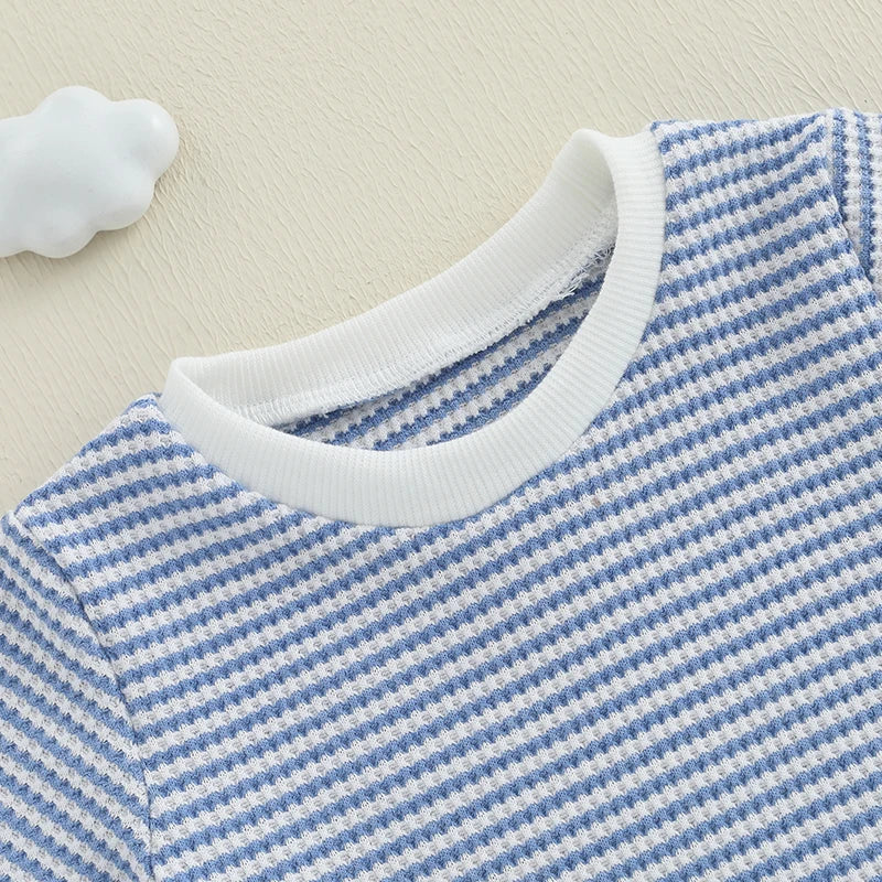 2024-12-30 Lioraitiin Toddler Baby Boys Summer Outfit Waffle Striped Short Sleeve T-shirt Elastic Waist Shorts Set